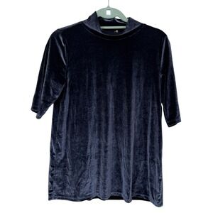 LOFT Women's Navy Blue Velvet Mock Neck Top Size Small S Short Sleeve Blouse